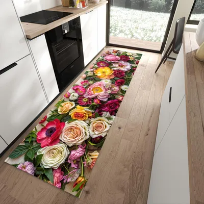 Produktbild von Küchenläufer 80 x 280 cm Bunt rutschfest & waschbar – Küchenteppich Blumenband auf Holz PVC Teppichläufer Küche