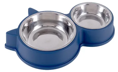 Produktbild von Doppelnapf aus Edelstahl in Katzenohrgröße, kippsicher, blau