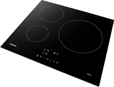 A black induction cooktop with three heating zones and a control panel.