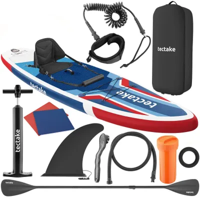 Produktbild von tectake® Stand-Up Paddle Board 2in1 aufblasbar Kajak-Sitz 200 kg Belastbarkeit rutschfest Doppelpaddel, inkl. Aluminiumpaddel, Fußschlaufe, Pumpe, Rep