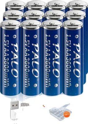 Immagine prodotto di Batteria agli ioni di litio PALO AA, alta capacità 3600 mWh, ricaricabile tramite USB, confezione da 12 pezzi, 1,5 V