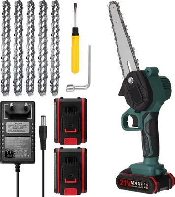 Produktbild von Kettensäge, 6 Zoll 21V Elektro-Kettensäge, Tragbare Handgeführte Akku Kettensäge, 2x Batterie 5x Kette 1x Führungsplatte und 1x Ladegerät enthalten Elektrokettensägen
