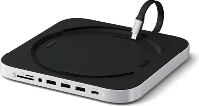 A Satechi USB-C hub for Mac Mini/Studio is shown from a slightly elevated front-side angle against a white background.