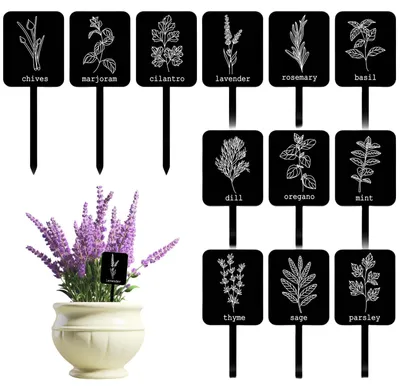 Produktbild von 24 Pflanzenschilder – Wasserdichte Etiketten – Plexiglas-Beschriftungen – Markierungen für Garten/Kräuter – 12 verschiedene Designs – Für den Außenbereich – Pflanzenschilder