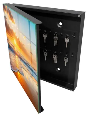 Produktbild von Schwarzer Metall-Schlüsselkasten, 30 x 30 cm – Schlüsselkasten zur Wandmontage mit Tür – Schlüsselkasten mit nach links öffnender Tür – praktischer Aufbewahrungsort für Schlüssel zu Hause – Sonnenuntergang über dem Meer, KI-generiertes Bild