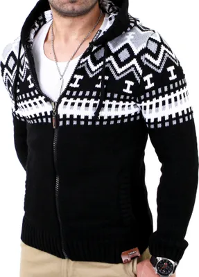 Produktbild von Reslad Herren Grobstrick Norweger Winter Strickjacke mit Kapuze RS-3104  Schwarz-Weiß M