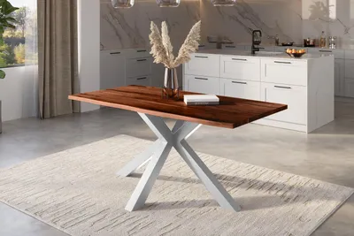 Produktbild von Refurbished Möbelretoure Baumkantentisch Akazie nussbaum mit schwarzen Resin-Adern 160 x 85 cm Spider-Gestell silber POLLY