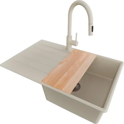 Produktbild von PRIMAGRAN Granitspüle Beige 78x50cm, Spülbecken 1 Becken + Küchenarmatur 40x20cm + Ablauf-Set + Schneidebrett, Küchenspüle ab 50er Unterschrank - Kopenhagen