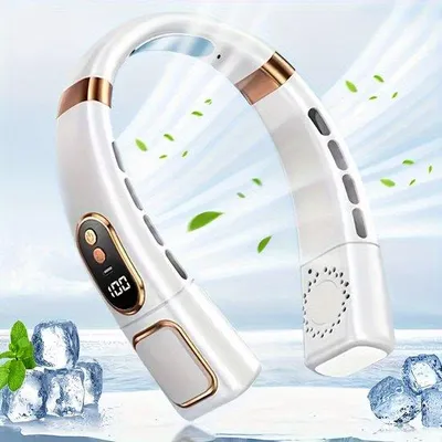 Zdjęcie produktu dla Letni relaks: przenośny mini wentylator na szyję. Zapewnia chłód i wygodę, ładowany przez USB, z 5 regulowanymi prędkościami, cyfrowym wskaźnikiem naładowania baterii, kolorowymi diodami LED, wentylator na szyję chłodzący w zakresie 360°