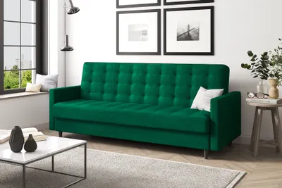 Produktbild von MEBLINI Sofa mit Schlaffunktion - Schlafcouch Ausziehbar - Schlafsofa mit Bettkasten - Sofabett - Couch mit Schlaffunktion - Klappsofa - ANDRES 1 - 218x87x93cm - Grün Samt