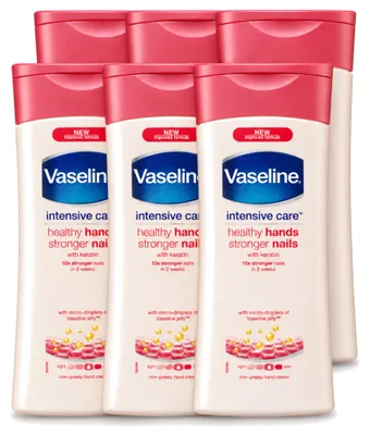 Imagen del producto de 6 unidades de crema para manos y uñas Vaseline Healthy Hands & Stronger Nails, 200 ml cada una. Paquete económico
