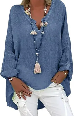 Produktbild von Tincini Leinenbluse Damen Bluse Sommer Tunika V-Ausschnitt Longbluse Große Größen Leinenhemd Blusenshirt Langarmshirt Leinen Baumwolle Hemd Oberteile(Dunkelblau1, XXL)