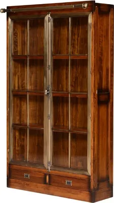 Produktbild von Casa Padrino Luxus Vintage Stil Vitrine Braun / Messing 105 x 34 x H. 185 cm - Massivholz Vitrinenschrank mit 2 Glastüren und 2 Schubladen - Massivholz Möbel - Vintage Stil Möbel - Luxus Möbel