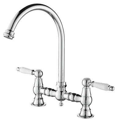 Zdjęcie produktu dla Aquanello Heritage Manor. Klasyczna kuchnia – Nostalgiczna bateria zlewozmywakowa w chromie z białym uchwytem i okrągłą wylewką, model CR-4001-HA