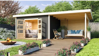 Produktbild von Gartenhaus Karibu Speyer 4 inkl. Anbaudach 3,3 m und Rückwand 724 x 331,5 cm terragrau