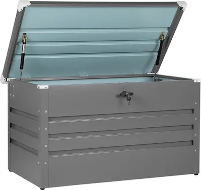 Produktbild von BELIANI Gartentruhe Grau Metall 400 L 132 x 62 cm Wasserdicht Abschließbar mit Deckel Garten Terrasse Aufbewahrungsbox Gartenbox Kissenbox Auflagenbox