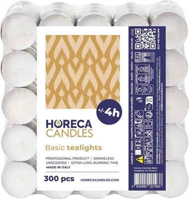 Obrázek produktu pro HORECA CANDLES čajové svíčky 300 ks – 4h hoření, bílé, bez vůně, svatba, oslava, dekorace