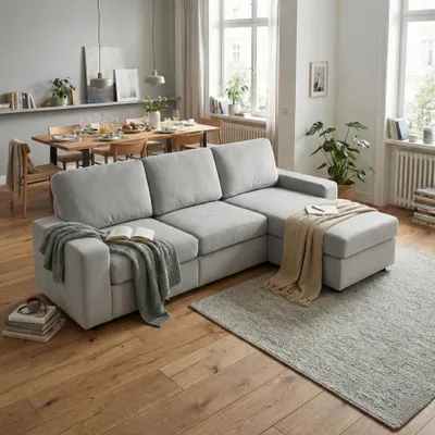 Obrázek produktu pro okwish Moderní rohová pohovka polstrovaná pohovka s úložným prostorem chaise longue obývací pohovka s otomanem lounge sofa s opěradlem rozkládací pohovka světle šedá