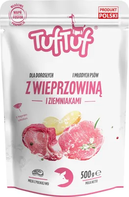 Produktbild von Tuftuf | Feuchtigkeitsspendendes Futter für Hunde - Schweinefleisch mit Kartoffel - 500g - Aromatische Wurst