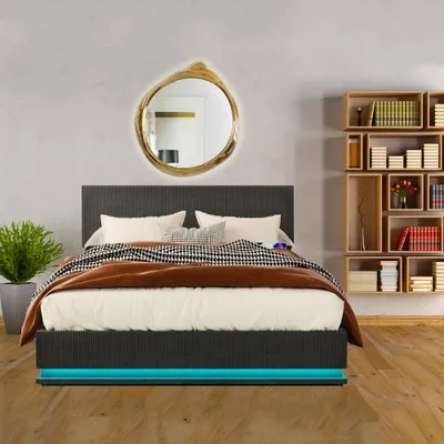 Image de AIORBER Lit rembourré 180x200cm, avec lumière LED RGB et connexion USB, tête de lit réglable en hauteur, lit double avec espace de rangement, avec coffre de lit, gris foncé