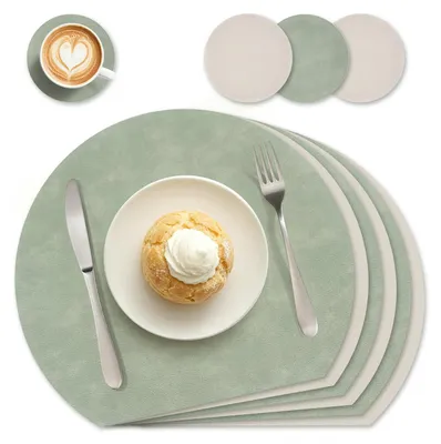 Platzsets aus PU-Leder, 4er-Set, rund, doppelseitig, Grün/Elfenbein