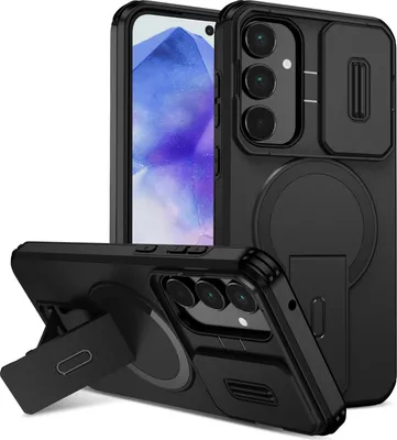 Image de Etui magnétique pour Samsung Galaxy A55, étui durable double couche avec protection coulissante de l'appareil photo et support ajustable Noir