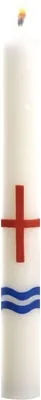Produktbild von Taufkerze 300 x Ø 35 mm in Elfenbein Kreuz in rot mit Wellen in blau und Namensverzierung