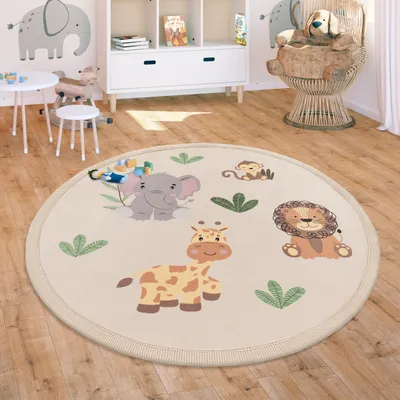 Produktbild von Teppich Kinderzimmer Spielmatte Waschbar Rutschfest Regenbogen Planet Tiere Soft Grösse 120 cm Rund