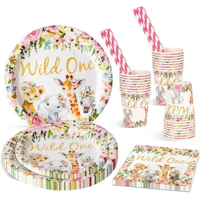 Immagine prodotto di Set di stoviglie per feste, 120 pezzi, per 24 ospiti, colore rosa. Ideale per il primo anniversario, feste di compleanno per bambine. Include piatti di carta, bicchieri, tovaglioli, cannucce