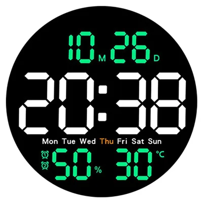 A digital clock face displaying the time, date, day of the week, temperature, and humidity.