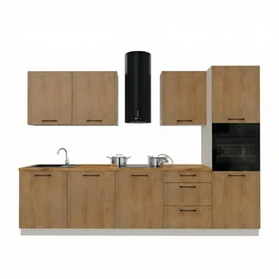 Productafbeelding van Keukenwand 300 cm - met bruin aanrechtblad - eikenhout (Hicora) - met hangkasten en onderkasten - voorzien van soft-close sluiting - keukenunit - BONO