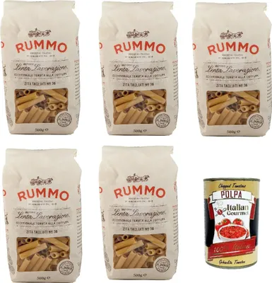 Produktbild von Rummo Ziti Tagliati n° 36 Pasta Lenta Lavorazione Teigwaren aus Hartweizengrieß Bronze-Zeichnung 5x 500g + Italian Gourmet polpa 400g