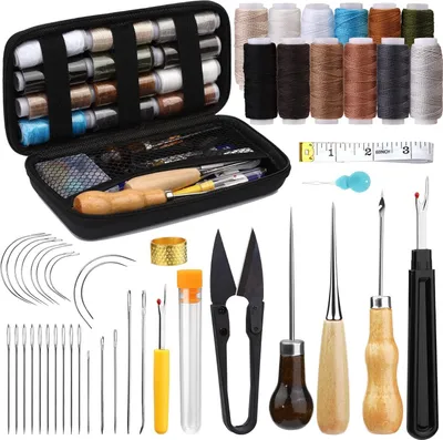 Produktbild von Leder-Nähset, Polsterreparaturset, 48-teiliges Hochleistungs-Nähset mit Nähnadeln, Nähahle, Nahttrenner, Nähgarn für Reparaturen, Handnähen, DIY-Lederhandwerk