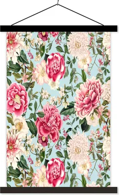 Produktbild von MuchoWow® Textilposter Blumen - Rosa - Muster 60x90 cm mit schwarzem Rahmen - Poster Wohnzimmer