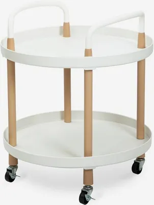 A white, two-tiered round serving cart with wooden accents and wheels, presented against a plain white background.
