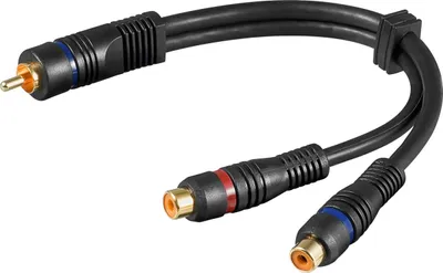 Zdjęcie produktu dla Goobay 50930 Kabel adapterowy audio Y, wtyk stereo RCA do gniazda 1x RCA, OFC, podwójnie ekranowany, 0,2 m, czarny - wtyk RCA > gniazdo 2x RCA (audio lewe/prawe)