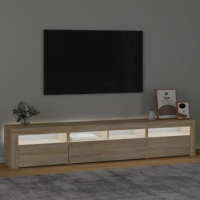 A modern TV stand with LED lighting in a living room setting.