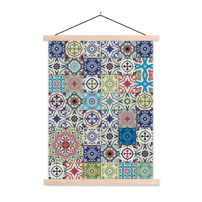 Produktbild von MuchoWow® Textilposter Blumen - Muster - Grün - Blau 120x160 cm mit holzfarbenen Rahmen - Plakatkarton