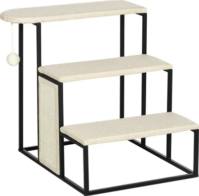 Immagine prodotto di Scala per gatti, con tiragraffi, 3 gradini, pallina, robusta, acciaio + sisal, bianco crema + nero, 51 x 54 x 53 cm