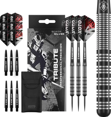 Produktbild von KOTO - Tribute Darts 14 G, Schwarz & Silber, Dartpfeile, Darts Set inkl. 3 Barrels, Flights + Shafts & Dartwallet, Fester Ringgrip