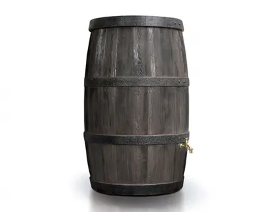 A dark wooden barrel with metal bands and a brass spigot, isolated on a white background.