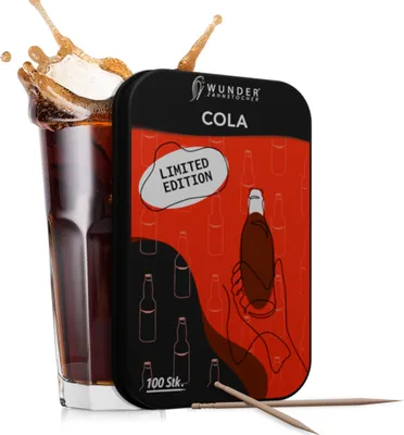 Produktbild von Wunder Zahnstocher mit Geschmack - Cola - 100 Stück - Metallbox - zuckerfrei - vegan - frischer Atem - Alternative zu Kaugummi
