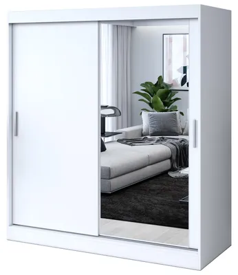 Zdjęcie produktu dla Szafa przesuwna - 180x200cm - Biały Mat - Szafa przesuwna HUGO - z lustrem- do sypialni i garderoby