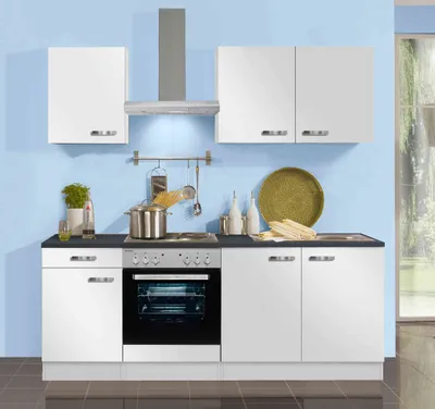 Produktbild von Küchenblock Lagos 210 cm in weiß glänzend mit Spüle ohne Elektrogeräte