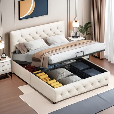 Produktbild von ProximaX 140x200cm Beige Polsterbett mit Lattenrost, Bettkasten, Kopfteil - Samtstoff Boxspringbett für Erwachsene & Ehepaare