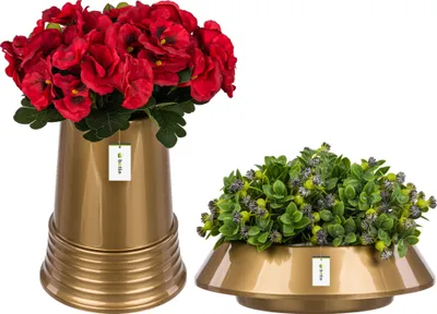 Produktbild von Set Friedhofskolbenvase H 24 cm Ø 11 cm + Blumentopf Friedhofsschale Ø 23 cm im Glänz Gold Spitzel Grabdekoration für Kompositionen aus künstlichen und echten Blumen aus Kunststoff
