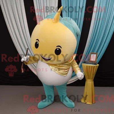 Productafbeelding van Mascot REDBROKOLY karakter van een gouden narwal gekleed met een capribroek en dasspelden