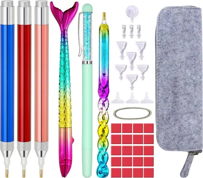 Produktbild von 5D Diamond Painting Zubehör Set mit LED Stift, Meerjungfrau Drill Pen, Ersatz Stiftköpfen, Malkleber Lehm, Aufbewahrungstasche für Mosaikherstellung Nagelkunst Diamanten Malerei Strassstein,