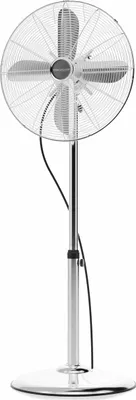 A chrome standing fan on a white background.