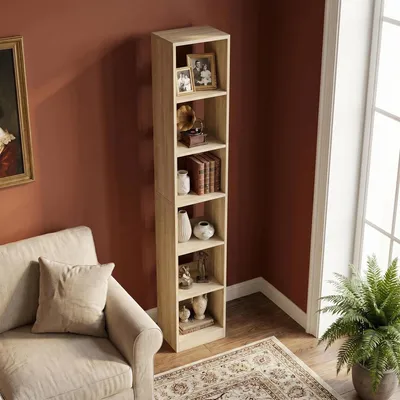 Produktbild von 6-stöckiges Bücherregal Würfelregal, 24x30x183cm, Eichenbeige | Bücherschrank, offenes Regal aus Holz, Aufbewahrung & Präsentation, für Wohnzimmer